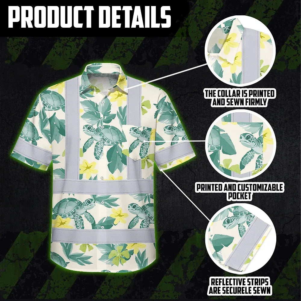 Hi Vis Hawaiian Shirt Reflective Tapes Green Flowers Turtle Custom Name Safety Workwear For Workers, Truckers, Operators, Company