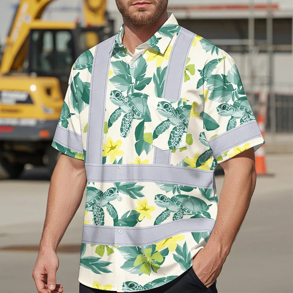 Hi Vis Hawaiian Shirt Reflective Tapes Green Flowers Turtle Custom Name Safety Workwear For Workers, Truckers, Operators, Company