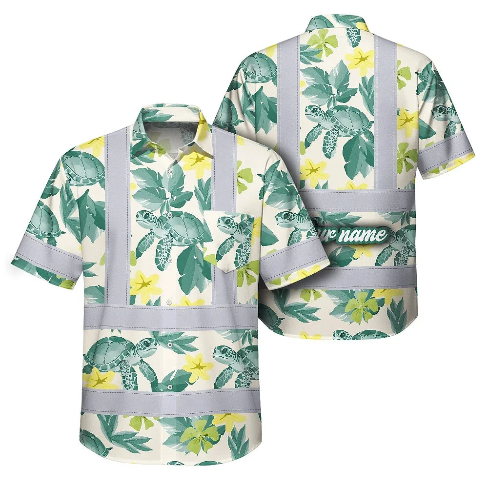 Hi Vis Hawaiian Shirt Reflective Tapes Green Flowers Turtle Custom Name Safety Workwear For Workers, Truckers, Operators, Company