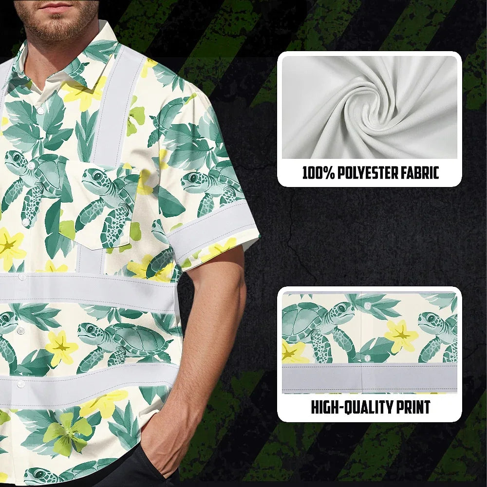 Hi Vis Hawaiian Shirt Reflective Tapes Green Flowers Turtle Custom Name Safety Workwear For Workers, Truckers, Operators, Company