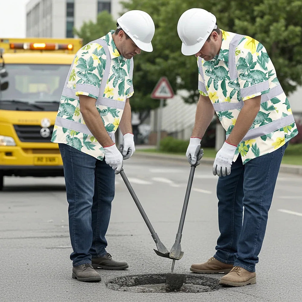 Hi Vis Hawaiian Shirt Reflective Tapes Green Flowers Turtle Custom Name Safety Workwear For Workers, Truckers, Operators, Company