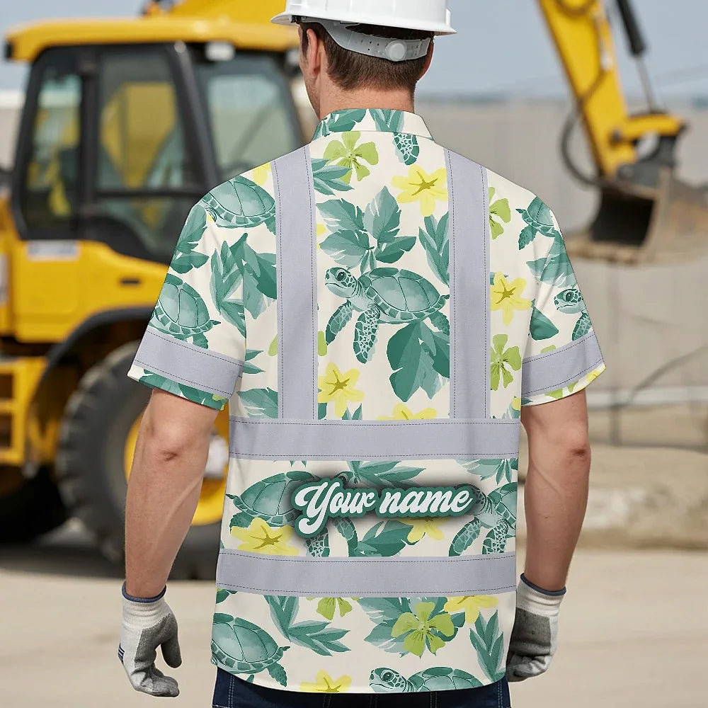 Hi Vis Hawaiian Shirt Reflective Tapes Green Flowers Turtle Custom Name Safety Workwear For Workers, Truckers, Operators, Company