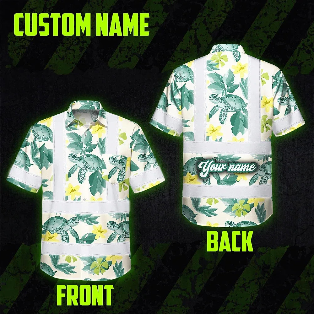 Hi Vis Hawaiian Shirt Reflective Tapes Green Flowers Turtle Custom Name Safety Workwear For Workers, Truckers, Operators, Company