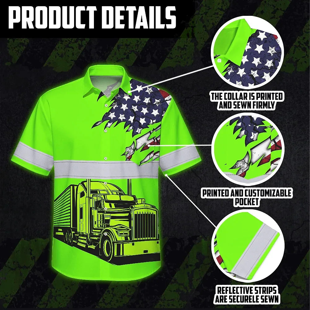 Hi Vis Hawaiian Shirt Reflective Tapes Green Gradient Semi Truck Driver Custom