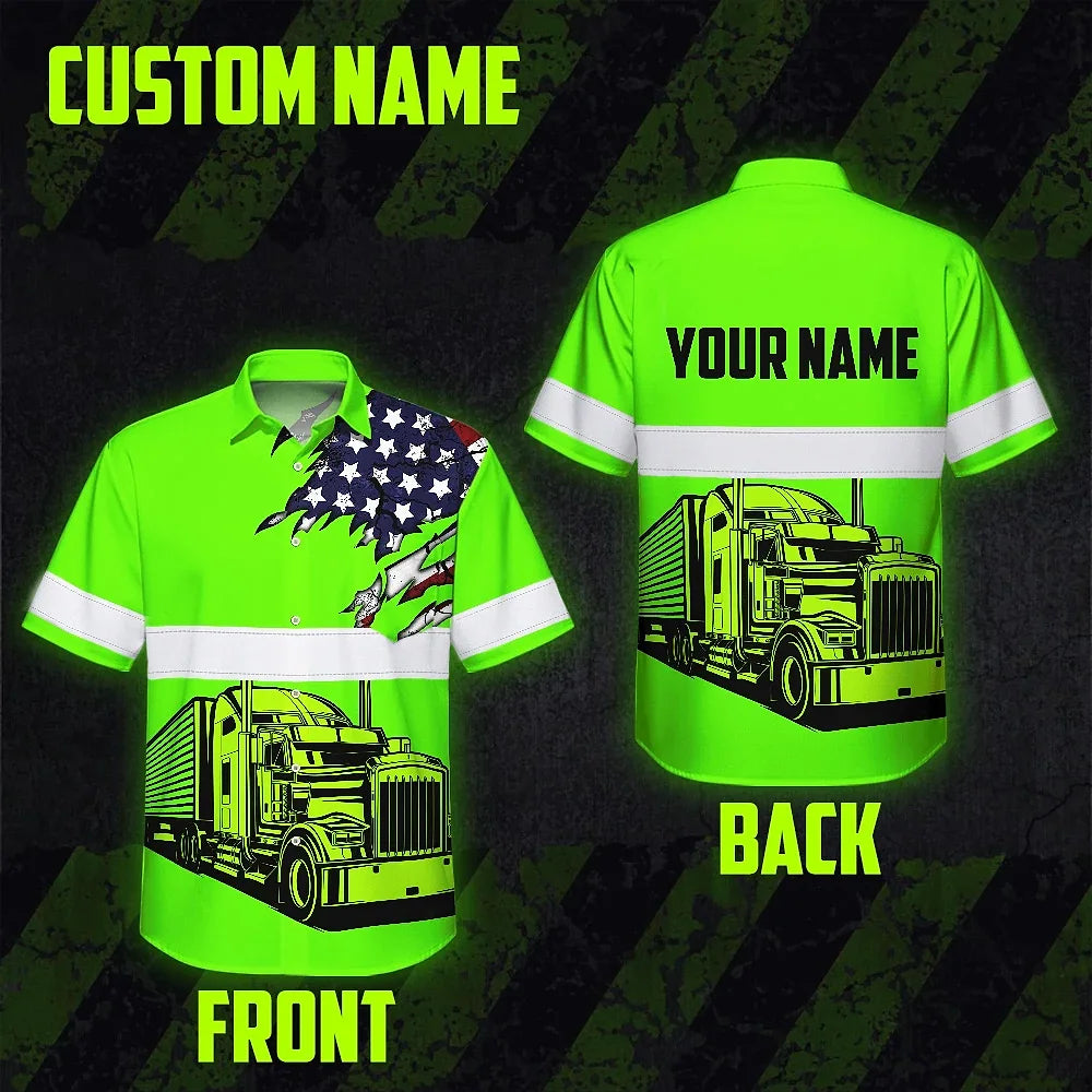 Hi Vis Hawaiian Shirt Reflective Tapes Green Gradient Semi Truck Driver Custom