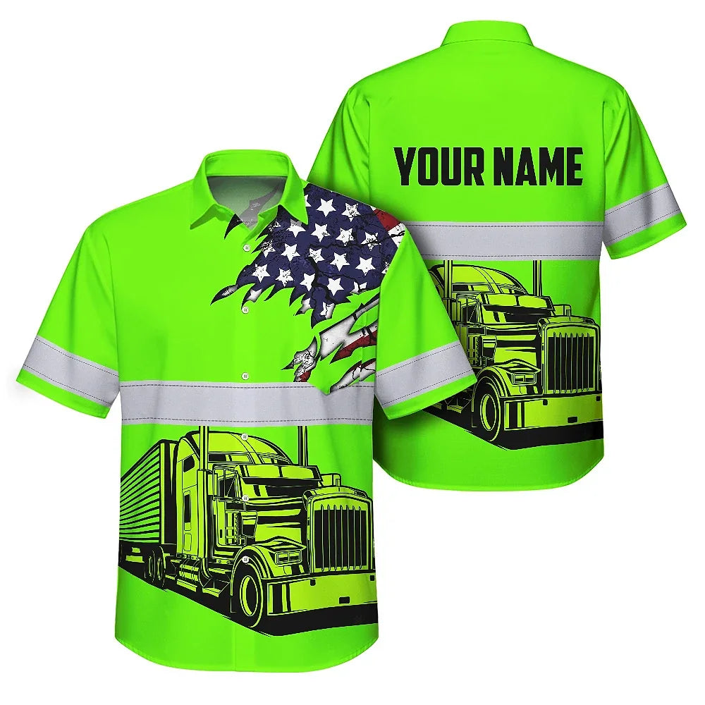 Hi Vis Hawaiian Shirt Reflective Tapes Green Gradient Semi Truck Driver Custom