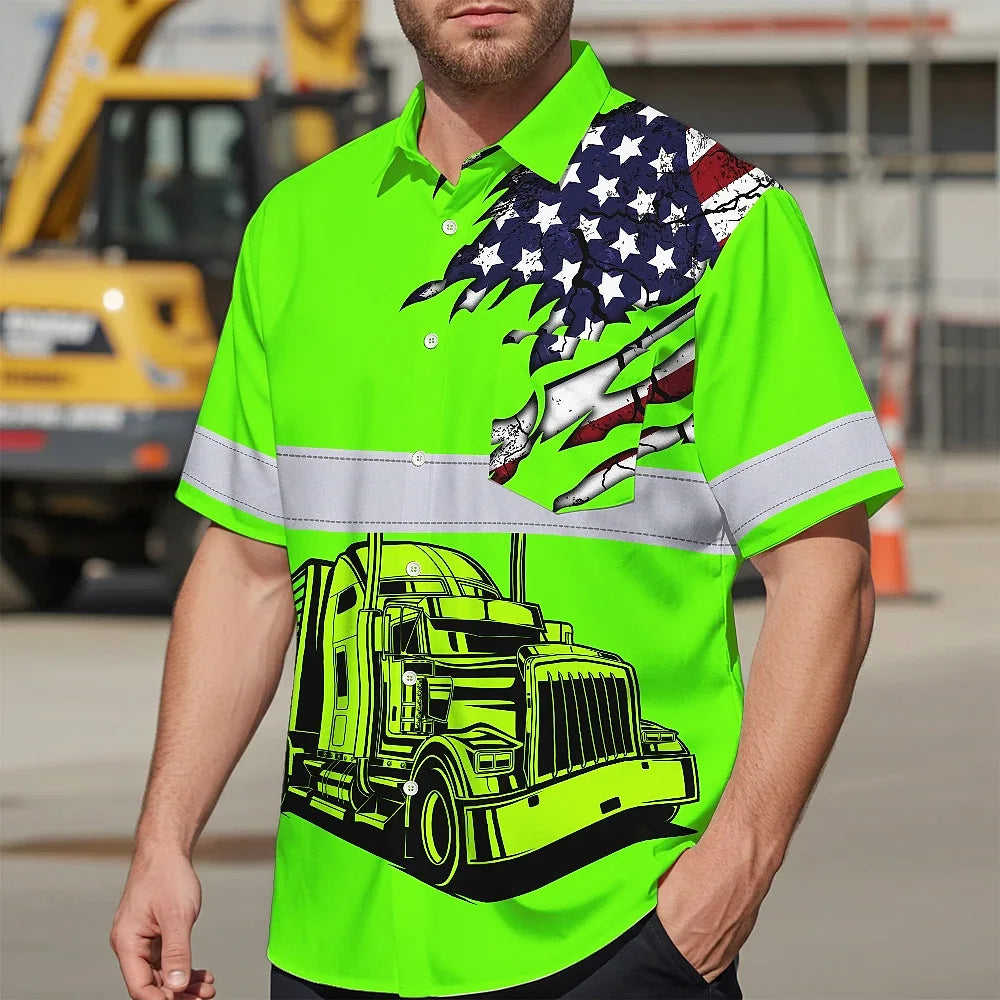 Hi Vis Hawaiian Shirt Reflective Tapes Green Gradient Semi Truck Driver Custom