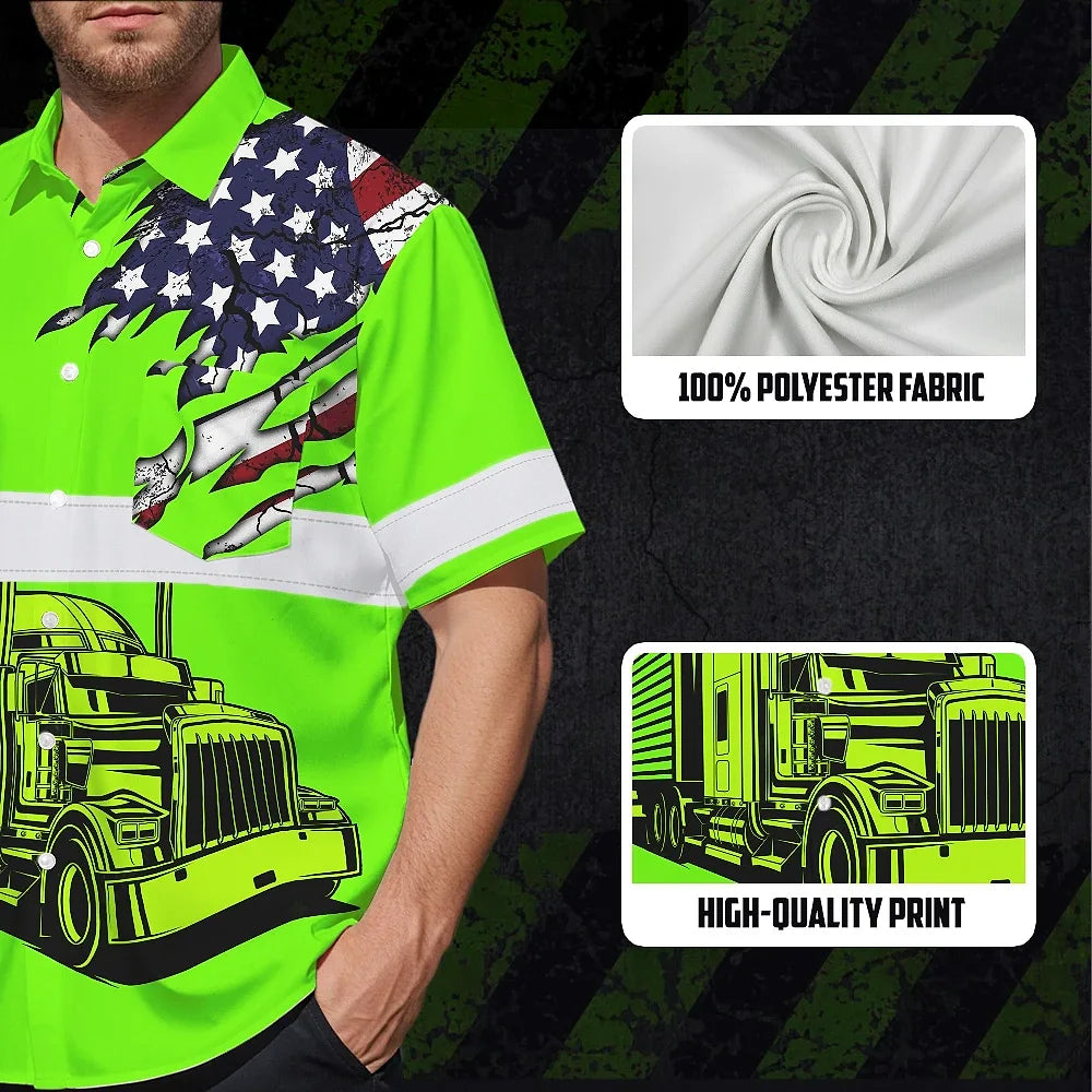 Hi Vis Hawaiian Shirt Reflective Tapes Green Gradient Semi Truck Driver Custom