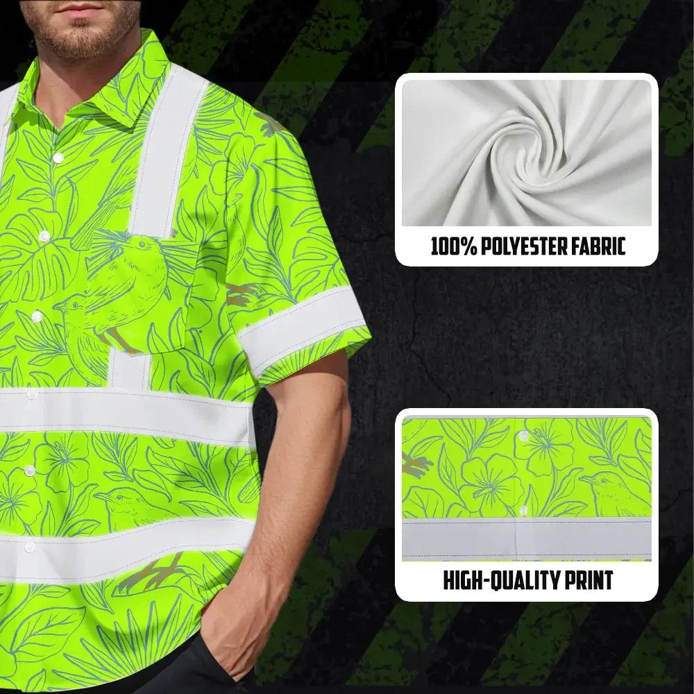 Choose Pack Hi Vis Hawaiian Shirt Reflective Tapes Green Grey Flowers Custom Name Safety Workwear For Workers, Truckers, Operators