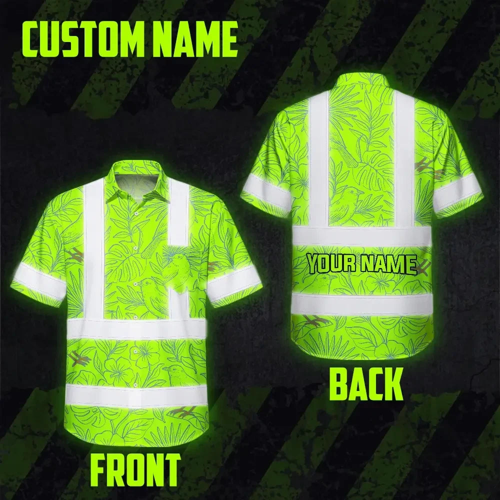 Choose Pack Hi Vis Hawaiian Shirt Reflective Tapes Green Grey Flowers Custom Name Safety Workwear For Workers, Truckers, Operators