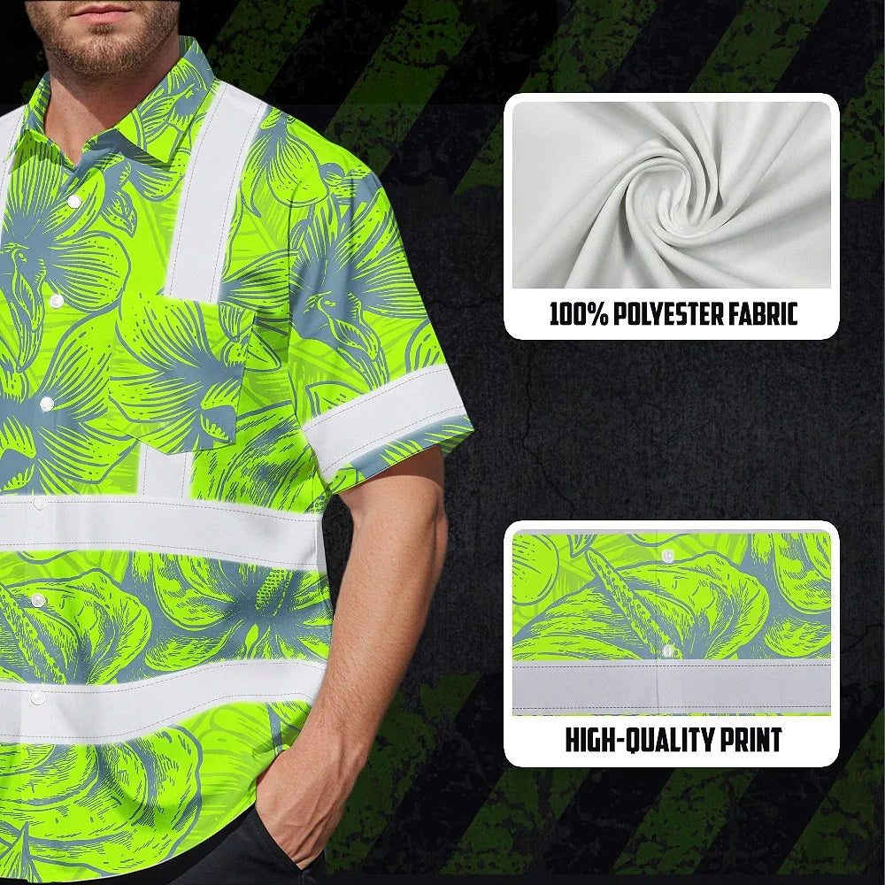 Hi Vis Hawaiian Shirt Reflective Tapes Green Grey Flowers Custom Name Safety Workwear For Workers, Truckers, Operators
