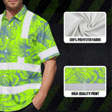 Hi Vis Hawaiian Shirt Reflective Tapes Green Grey Flowers Custom Name Safety Workwear For Workers, Truckers, Operators