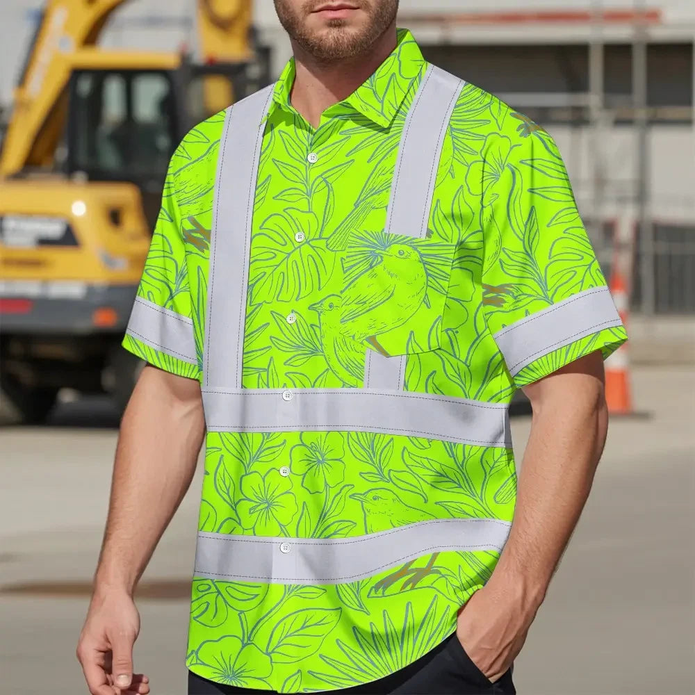 Hi Vis Hawaiian Shirt Reflective Tapes Green Grey Flowers Custom Name Safety Workwear For Workers, Truckers, Operators