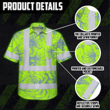Hi Vis Hawaiian Shirt Reflective Tapes Green Grey Flowers Custom Name Safety Workwear For Workers, Truckers, Operators