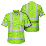 Choose Pack Hi Vis Hawaiian Shirt Reflective Tapes Green Grey Flowers Custom Name Safety Workwear For Workers, Truckers, Operators