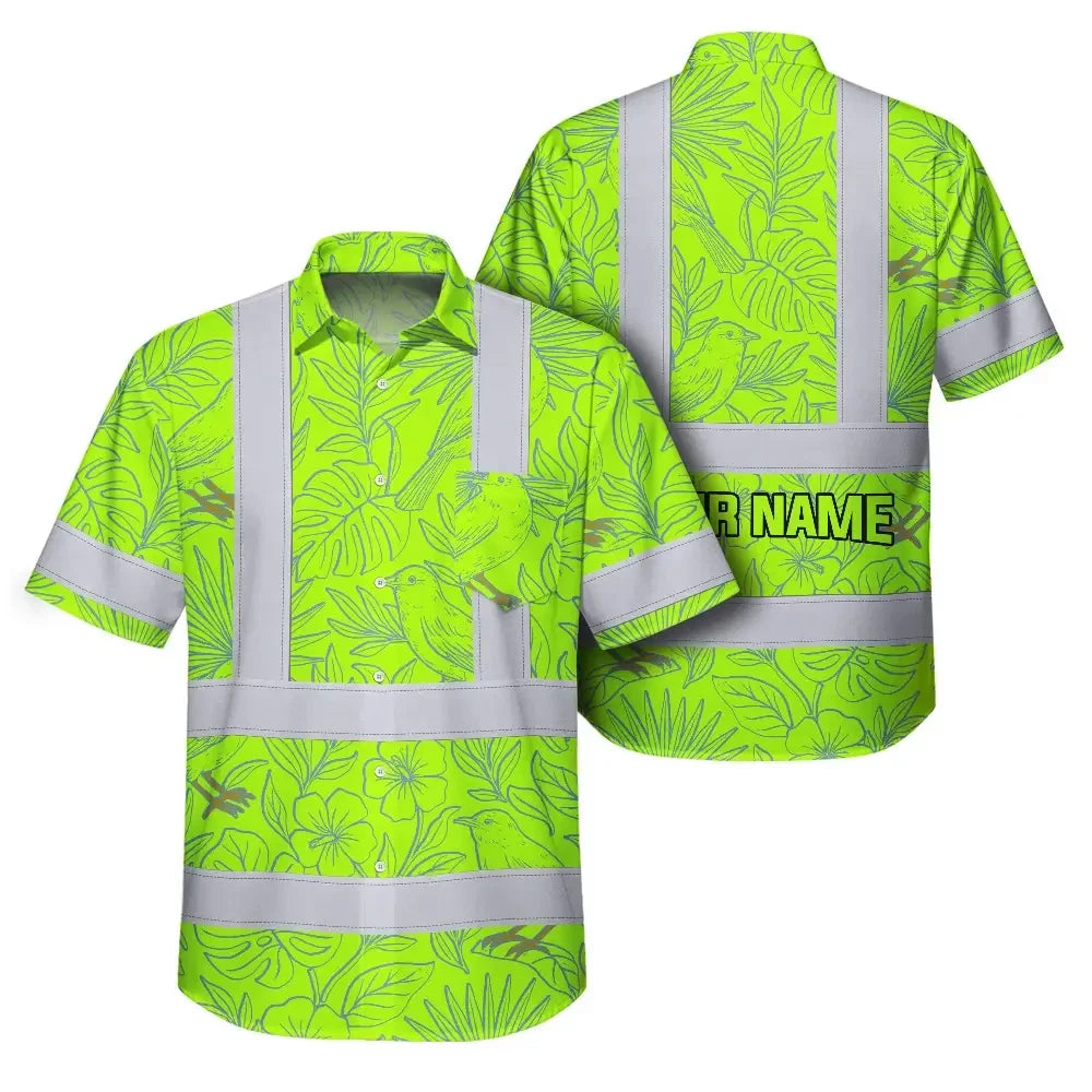 Choose Pack Hi Vis Hawaiian Shirt Reflective Tapes Green Grey Flowers Custom Name Safety Workwear For Workers, Truckers, Operators