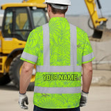 Hi Vis Hawaiian Shirt Reflective Tapes Green Grey Flowers Custom Name Safety Workwear For Workers, Truckers, Operators