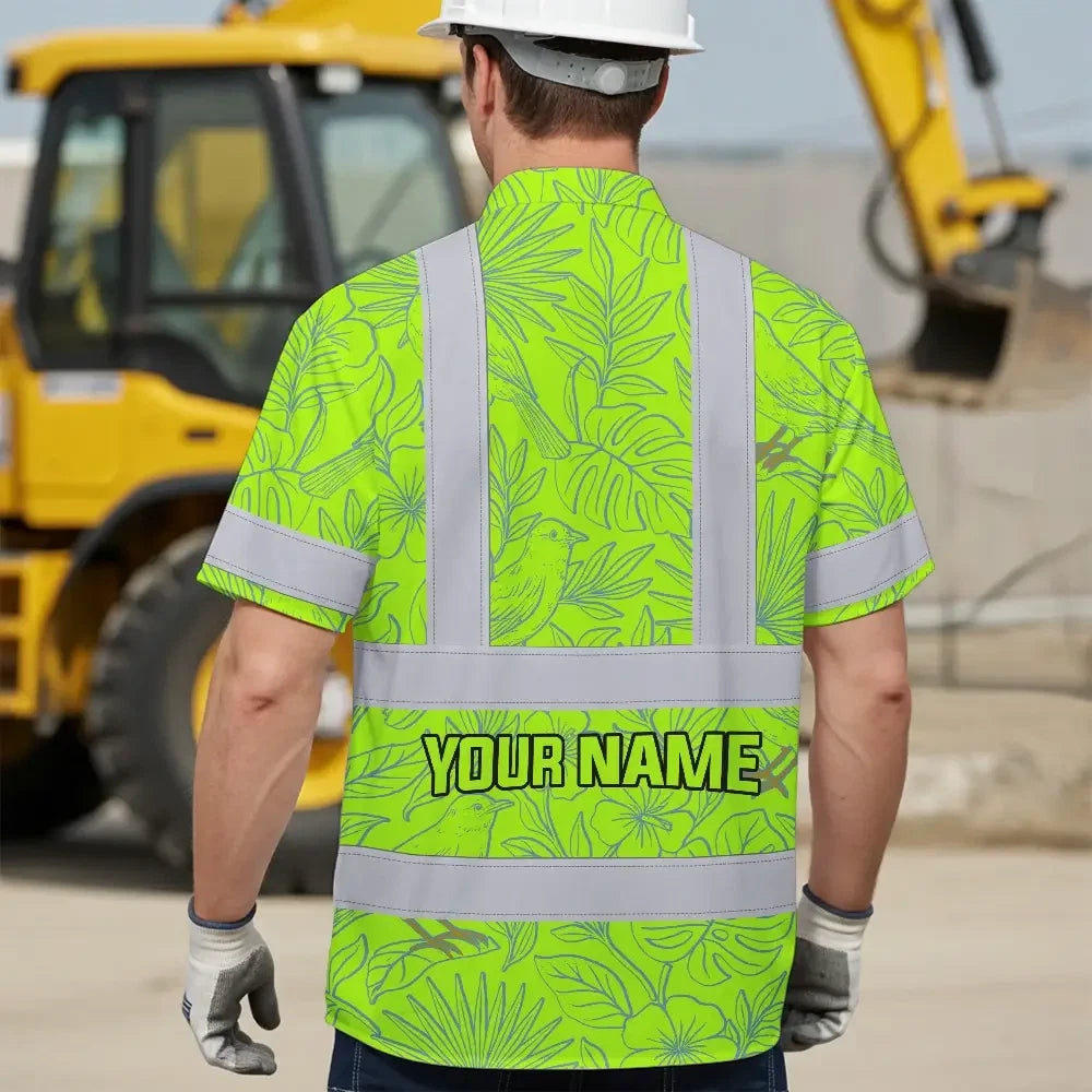 Choose Pack Hi Vis Hawaiian Shirt Reflective Tapes Green Grey Flowers Custom Name Safety Workwear For Workers, Truckers, Operators