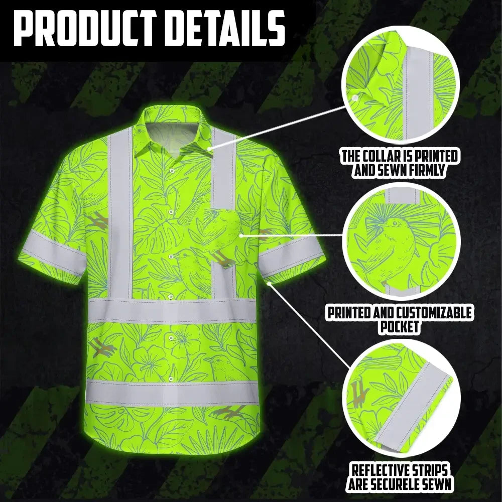 Choose Pack Hi Vis Hawaiian Shirt Reflective Tapes Green Grey Flowers Custom Name Safety Workwear For Workers, Truckers, Operators