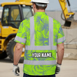 Hi Vis Hawaiian Shirt Reflective Tapes Green Grey Flowers Custom Name Safety Workwear For Workers, Truckers, Operators