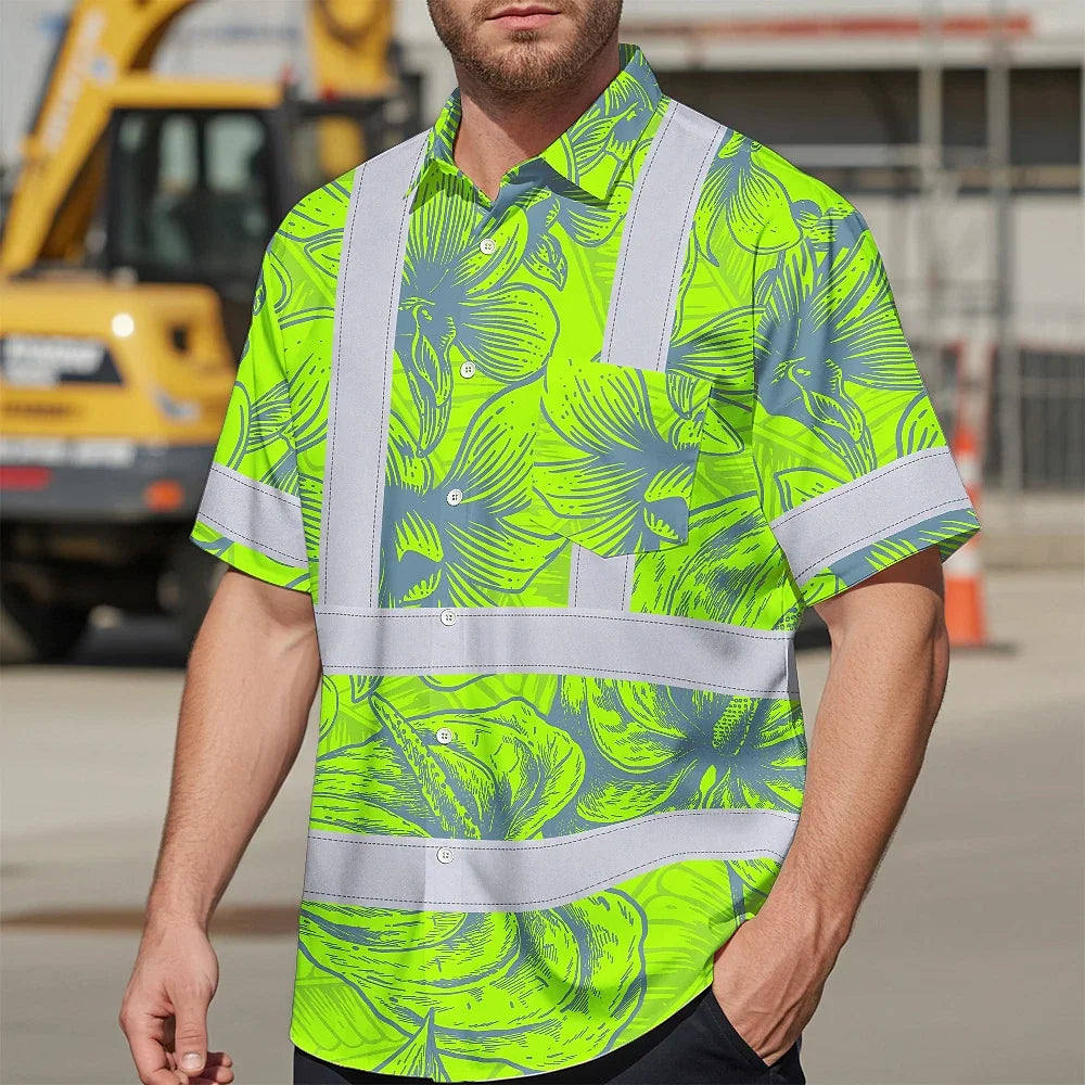 Hi Vis Hawaiian Shirt Reflective Tapes Green Grey Flowers Custom Name Safety Workwear For Workers, Truckers, Operators
