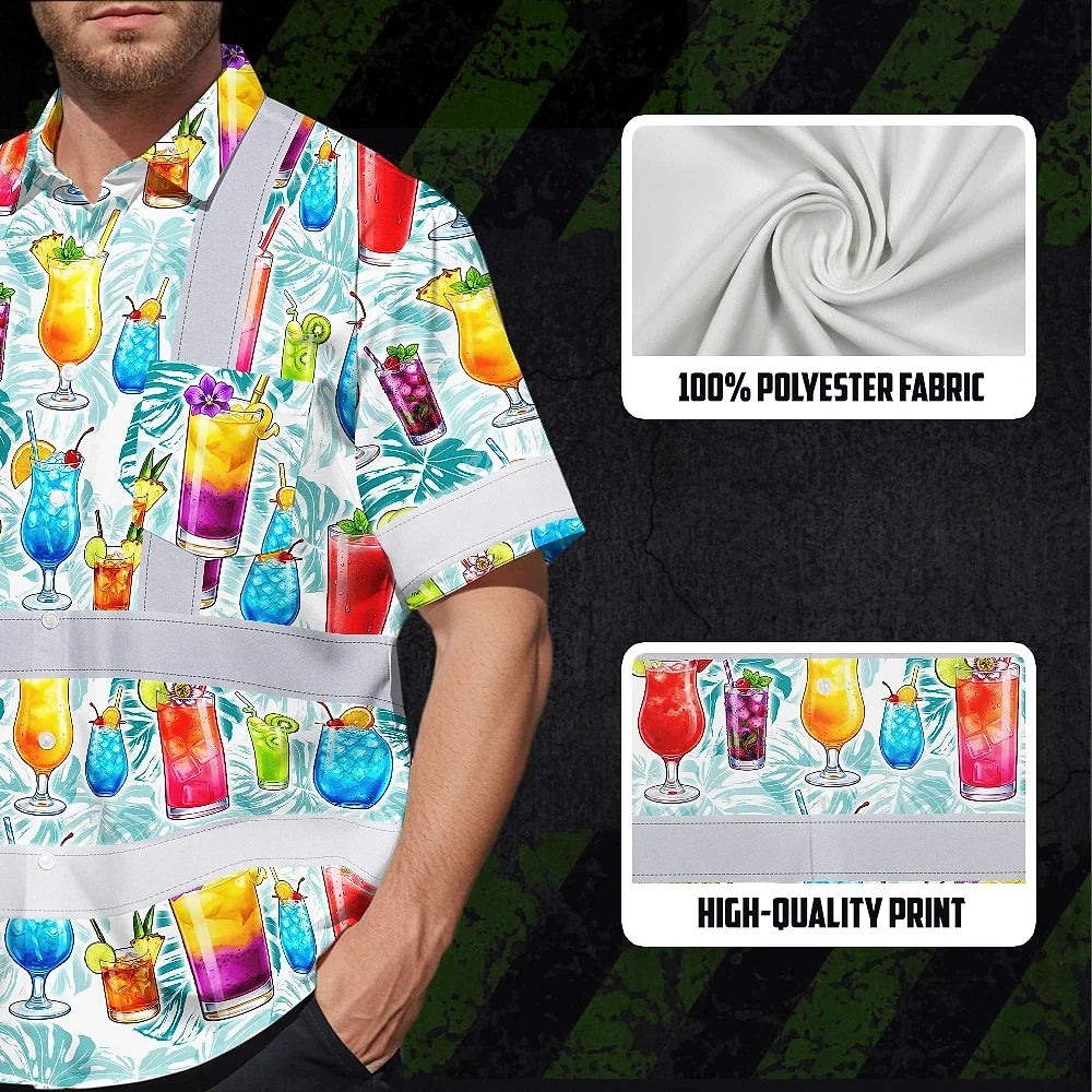 Hi Vis Hawaiian Shirt Reflective Tapes Green Leaf Drink Tropical Cocktail Beer Print Custom Name Safety Workwear For Workers, Truckers, Operators