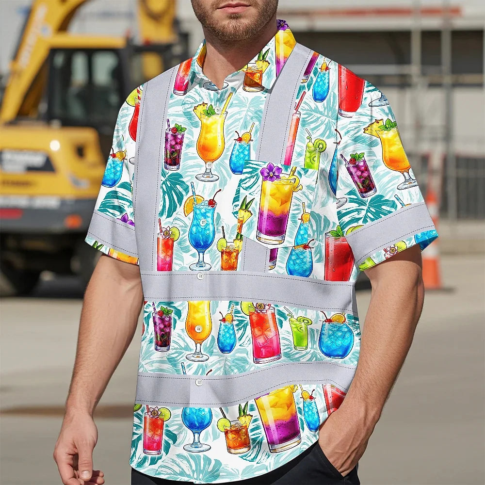 Hi Vis Hawaiian Shirt Reflective Tapes Green Leaf Drink Tropical Cocktail Beer Print Custom Name Safety Workwear For Workers, Truckers, Operators