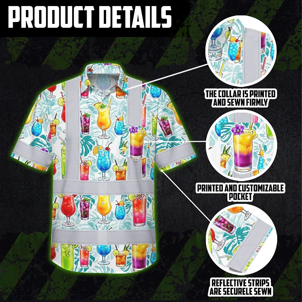 Hi Vis Hawaiian Shirt Reflective Tapes Green Leaf Drink Tropical Cocktail Beer Print Custom Name Safety Workwear For Workers, Truckers, Operators