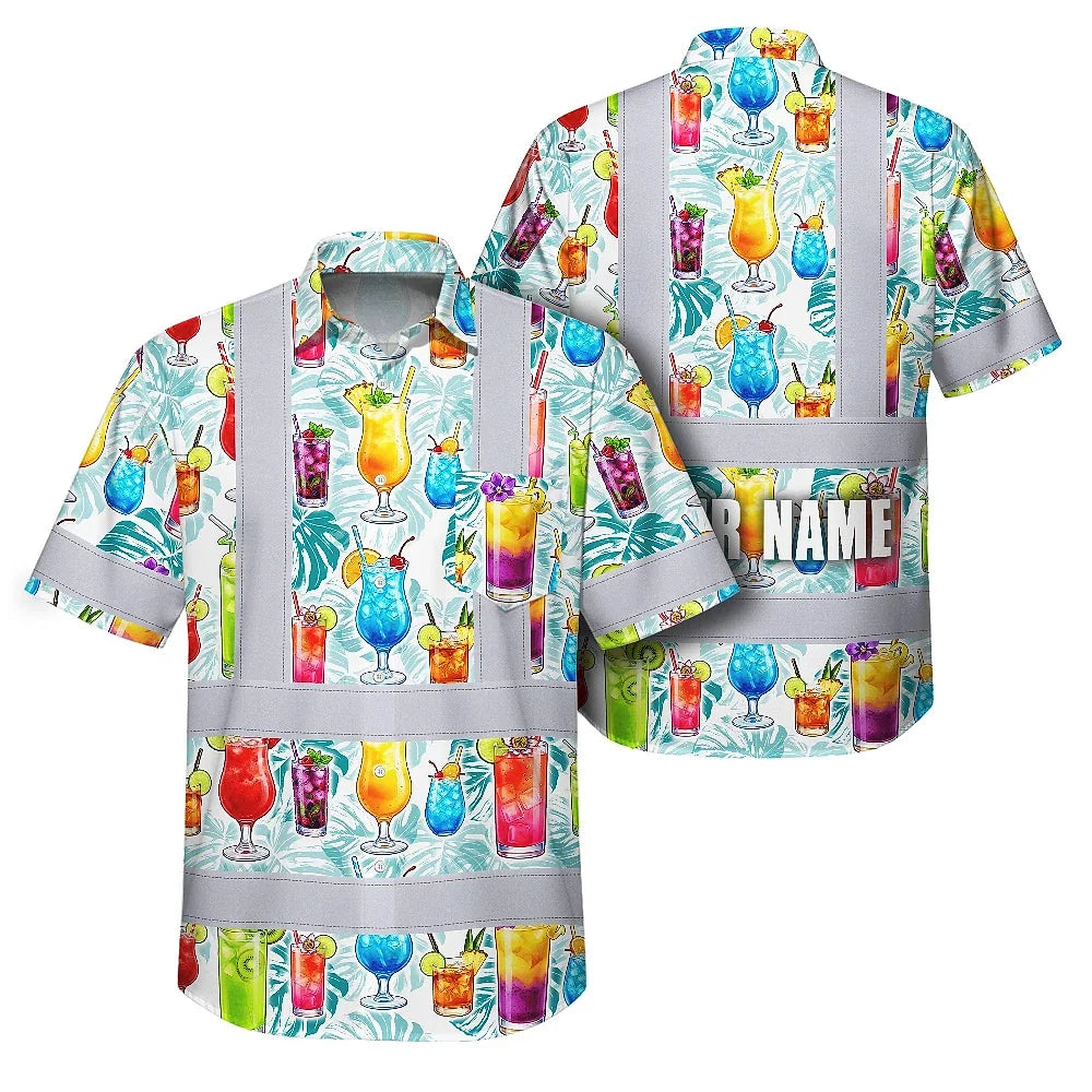Hi Vis Hawaiian Shirt Reflective Tapes Green Leaf Drink Tropical Cocktail Beer Print Custom Name Safety Workwear For Workers, Truckers, Operators