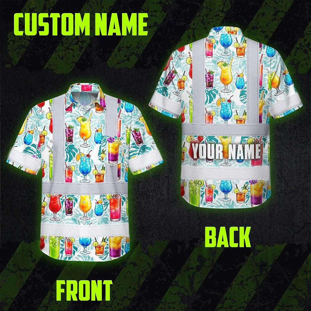 Hi Vis Hawaiian Shirt Reflective Tapes Green Leaf Drink Tropical Cocktail Beer Print Custom Name Safety Workwear For Workers, Truckers, Operators