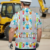 Hi Vis Hawaiian Shirt Reflective Tapes Green Leaf Drink Tropical Cocktail Beer Print Custom Name Safety Workwear For Workers, Truckers, Operators