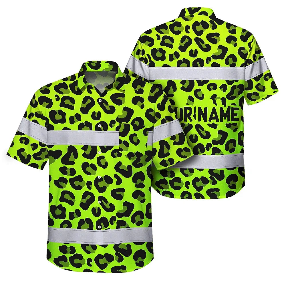 Hi Vis Hawaiian Shirt Reflective Tapes Green Leopard Custom Name Safety Workwear For Workers, Truckers, Operators