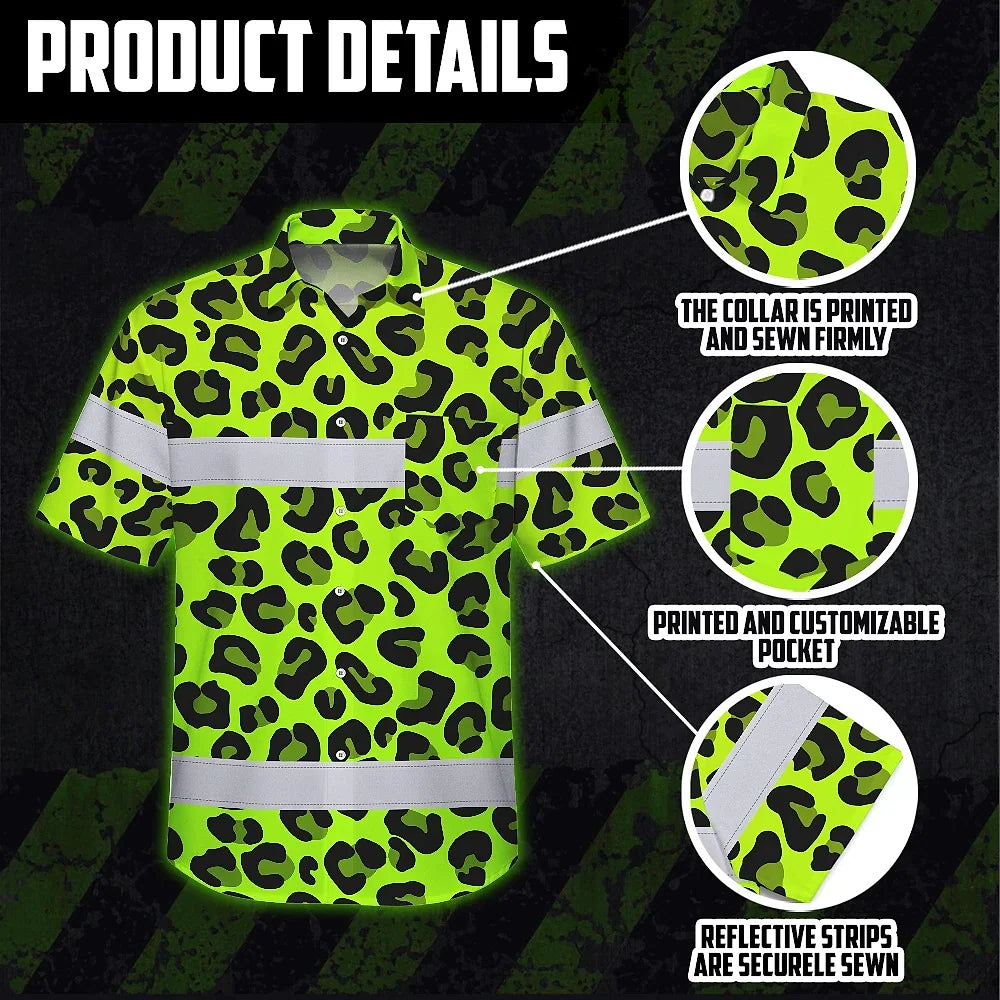 Hi Vis Hawaiian Shirt Reflective Tapes Green Leopard Custom Name Safety Workwear For Workers, Truckers, Operators