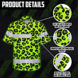 Hi Vis Hawaiian Shirt Reflective Tapes Green Leopard Custom Name Safety Workwear For Workers, Truckers, Operators