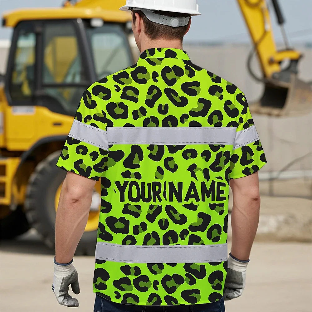 Hi Vis Hawaiian Shirt Reflective Tapes Green Leopard Custom Name Safety Workwear For Workers, Truckers, Operators