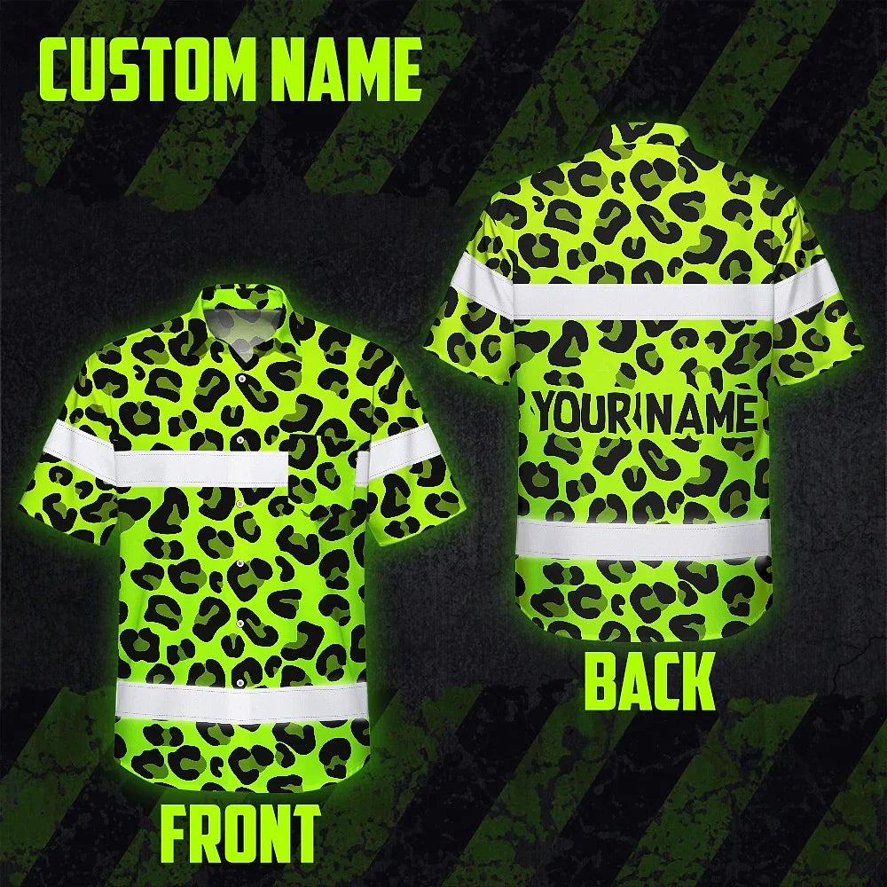 Hi Vis Hawaiian Shirt Reflective Tapes Green Leopard Custom Name Safety Workwear For Workers, Truckers, Operators