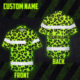 Hi Vis Hawaiian Shirt Reflective Tapes Green Leopard Custom Name Safety Workwear For Workers, Truckers, Operators