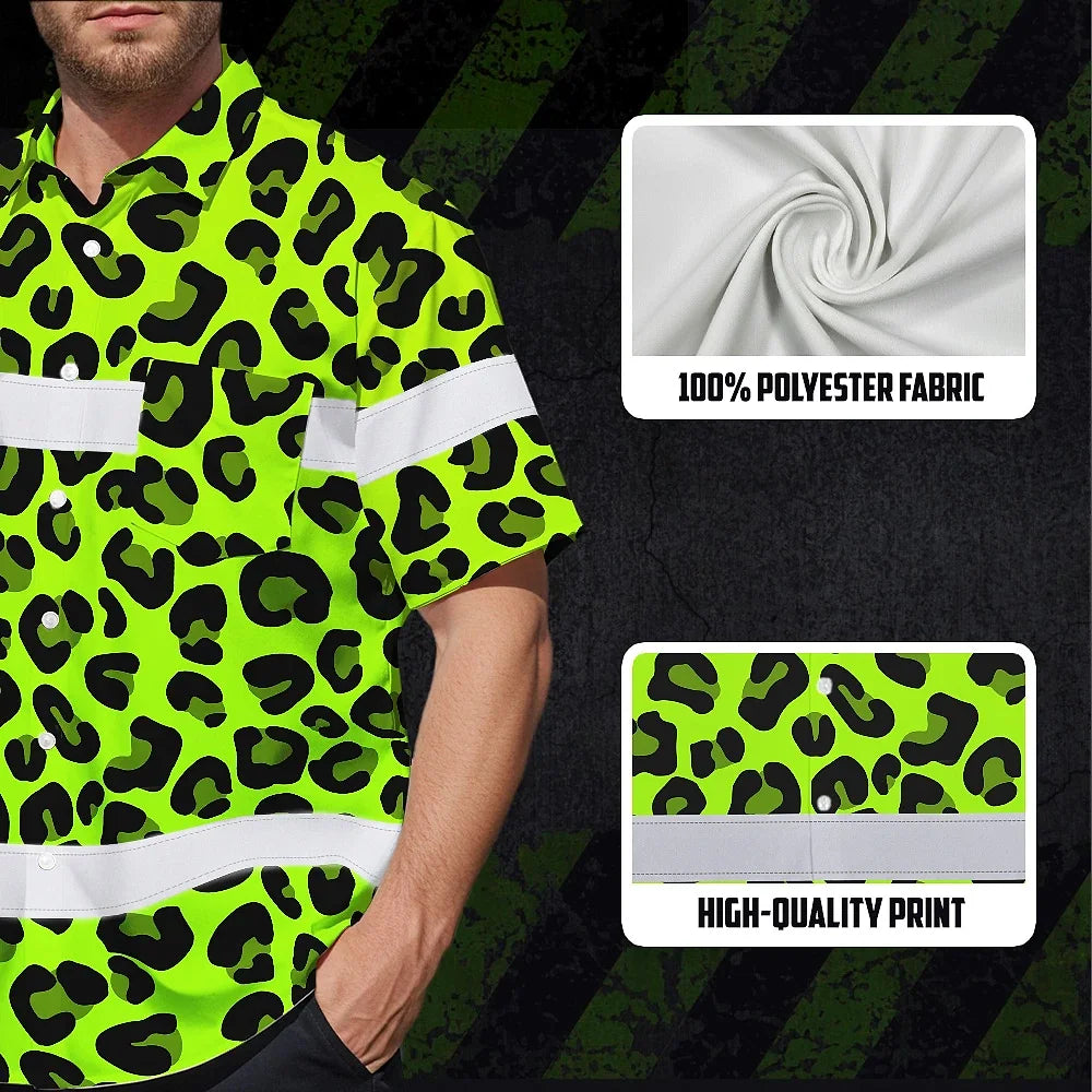 Hi Vis Hawaiian Shirt Reflective Tapes Green Leopard Custom Name Safety Workwear For Workers, Truckers, Operators