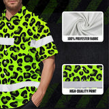 Hi Vis Hawaiian Shirt Reflective Tapes Green Leopard Custom Name Safety Workwear For Workers, Truckers, Operators