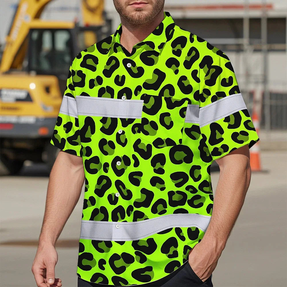 Hi Vis Hawaiian Shirt Reflective Tapes Green Leopard Custom Name Safety Workwear For Workers, Truckers, Operators