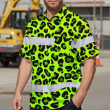 Hi Vis Hawaiian Shirt Reflective Tapes Green Leopard Custom Name Safety Workwear For Workers, Truckers, Operators