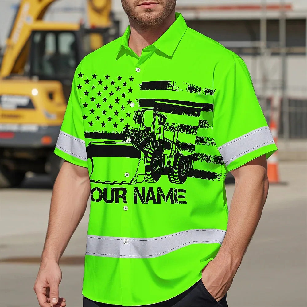 Hi Vis Hawaiian Shirt Reflective Tapes Green Loader Operator Custom Name