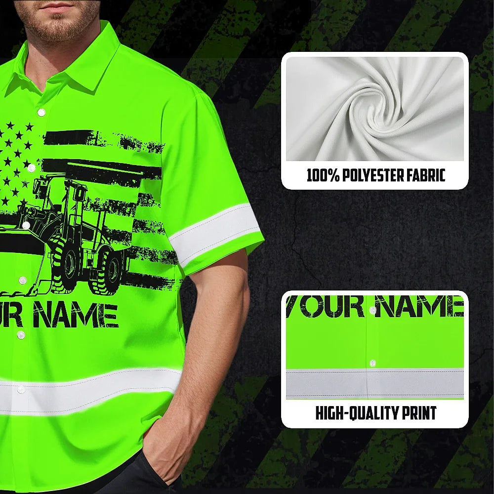 Hi Vis Hawaiian Shirt Reflective Tapes Green Loader Operator Custom Name