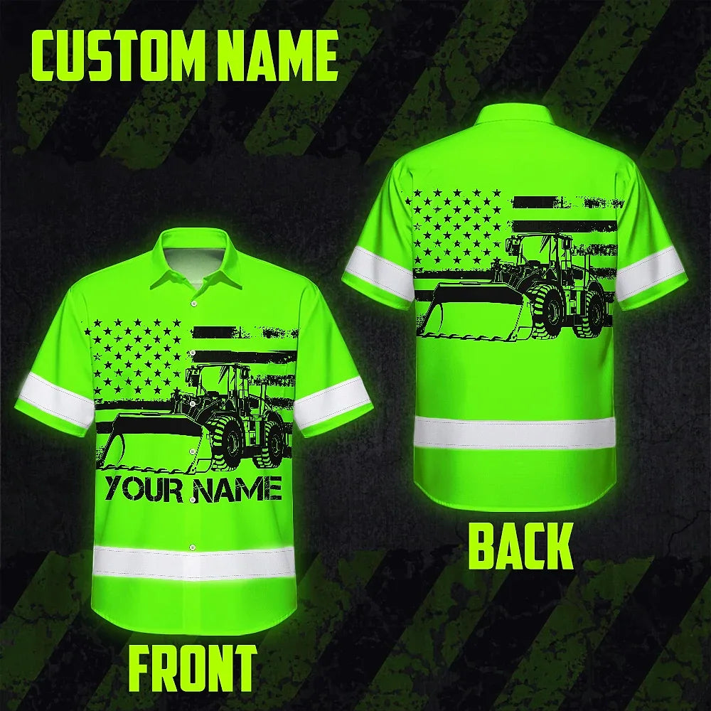 Hi Vis Hawaiian Shirt Reflective Tapes Green Loader Operator Custom Name