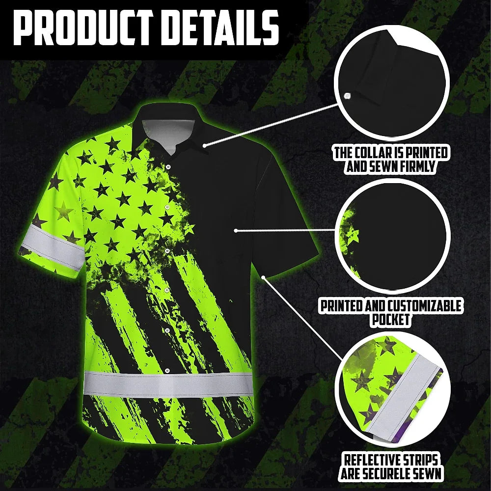 Hi Vis Hawaiian Shirt Reflective Tapes Green Neon And Black US Flag
