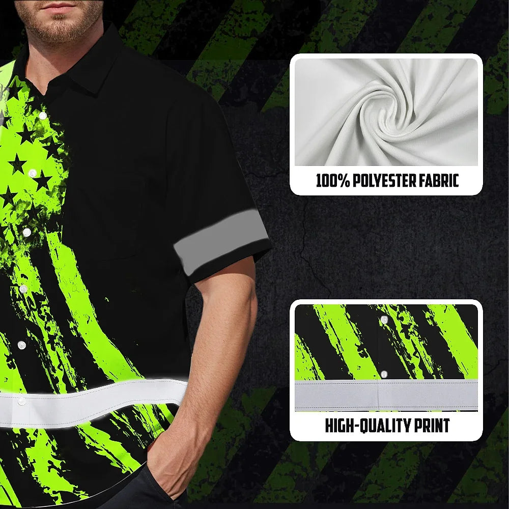 Hi Vis Hawaiian Shirt Reflective Tapes Green Neon And Black US Flag