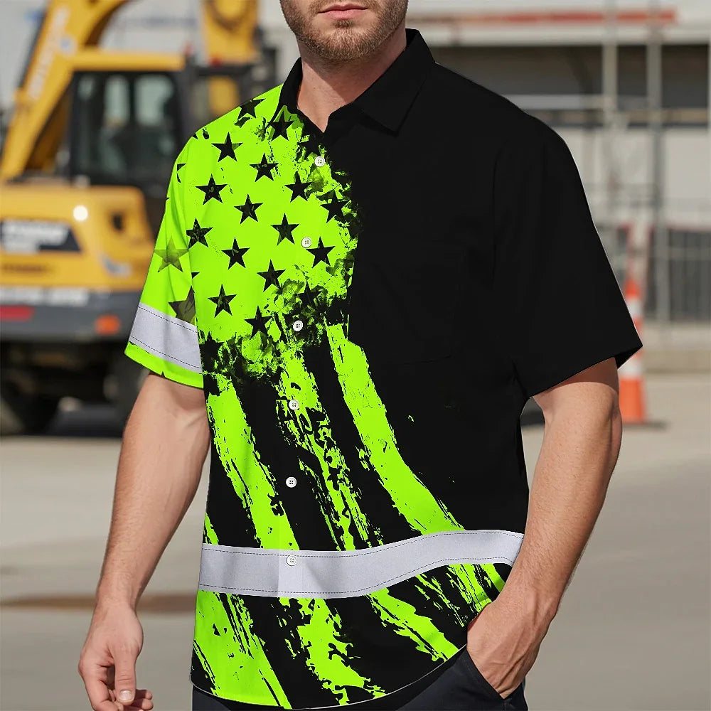 Hi Vis Hawaiian Shirt Reflective Tapes Green Neon And Black US Flag
