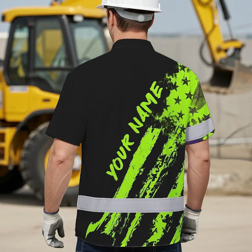 Hi Vis Hawaiian Shirt Reflective Tapes Green Neon And Black US Flag