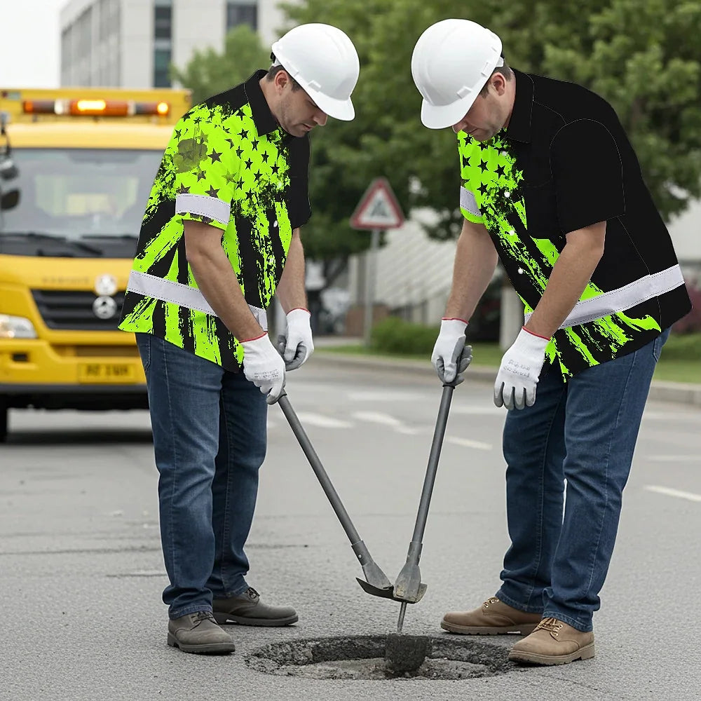 Hi Vis Hawaiian Shirt Reflective Tapes Green Neon And Black US Flag