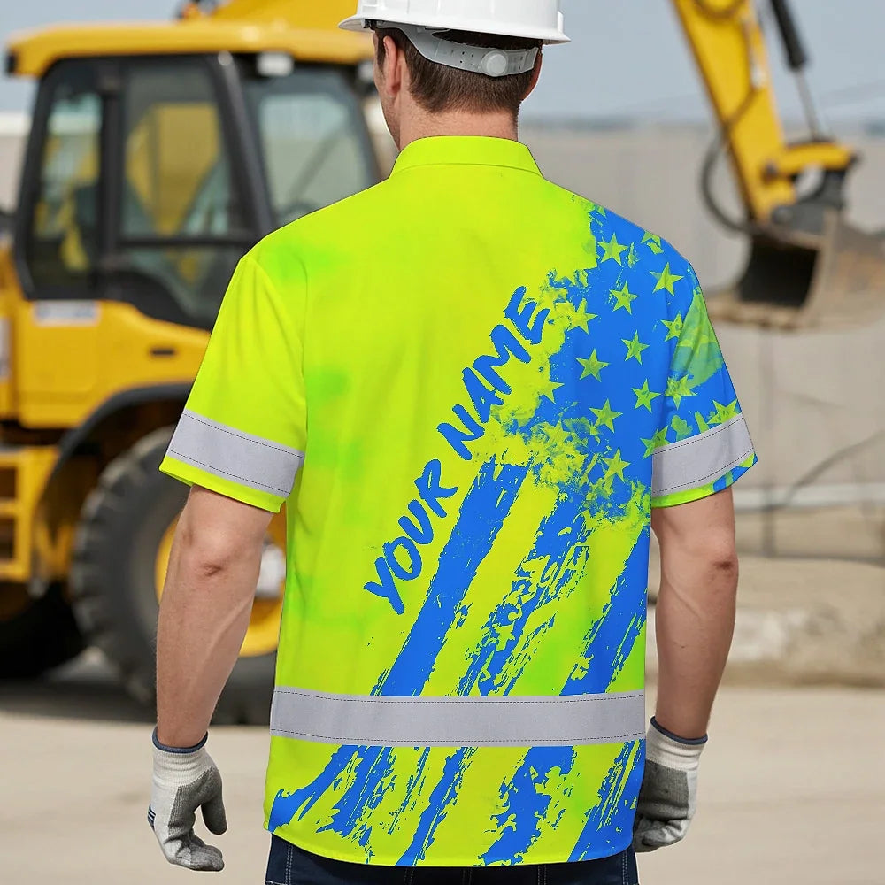 Hi Vis Hawaiian Shirt Reflective Tapes Green Neon And Blue US Flag Custom